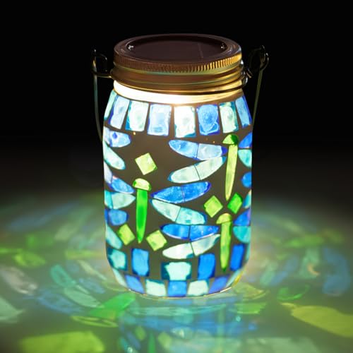 Starsoul Solar Hanging Lanterns Outdoor Waterproof, Mosaic Dragonfly Decor Glass Solar Outdoor Lights, Decorative Solar Lantern for Outside Pathway Patio Porch Yard Decor - color: Dragonfly