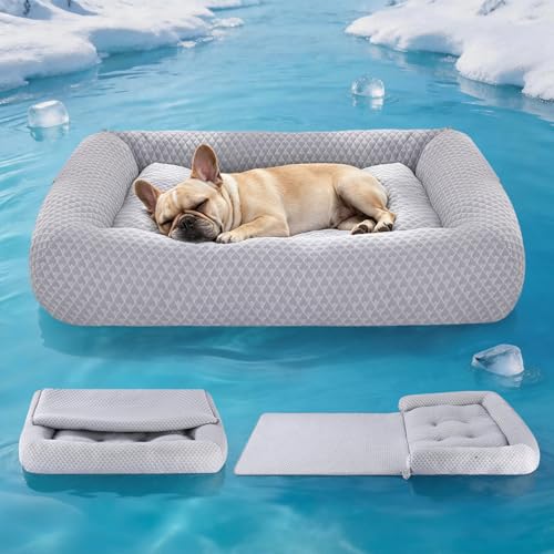 Rywell 3-in-1 Cooling Dog Beds Medium Sized Dog, 31" x 24", Dog Cooling Mat with Arc-Chill Tech (Q-Max>0.5), Dog Crate Pad for Summer, Non-Slip & Fully Machine Washable, Gift for Dog Lovers, Grey - size: Medium