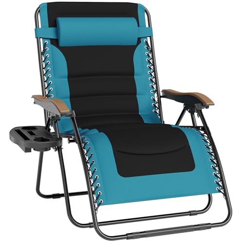 PHI VILLA XXL Oversized Padded Zero Gravity Chair, Foldable Patio Recliner, 30" Wide Seat Anti Gravity Lounger with Cup Holder, Support 400 LBS (Aqua) - color: Aqua, style: 1 Pcs