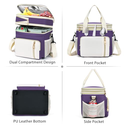 Lunch Box & Lunch Bag for Women, Large Insulated Adult Lunch Box Leakproof Lunchbox Cooler Bag for Work Picnic Beach,16L, Purple & White - color: Deep Purple