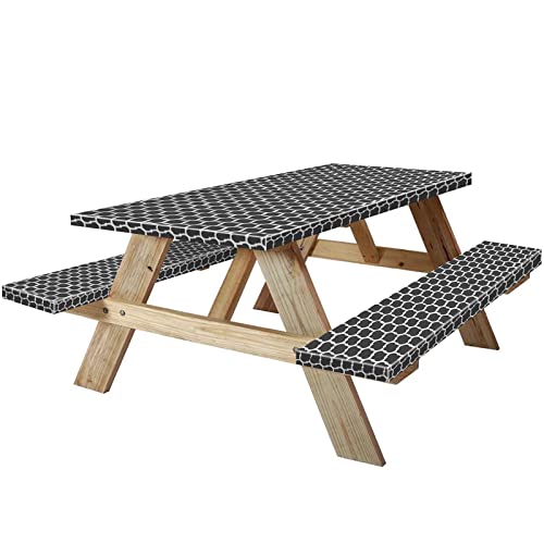 6ft Picnic Table and Bench Cover, Camping Essentials RV Gear, 72 in Waterproof Windproof Outdoor Elastic All Around Tablecloth, Fitted Rectangle Tables and Seats, Black-White Moroccan - color: Black-white Moroccan, size: 72"