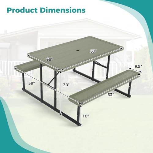 LDAILY Picnic Tables with Benches, Rectangular Dining Table Set for Outside 4 People, HDPE Tabletop, Metal Frame, Umbrella Hole, Heavy Duty Picnic Table for Outdoors, Patio, Lawn, Commercial (Green) - color: Green