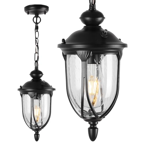 JYZ Vintage Dusk to Dawn Outdoor Hanging Lantern, 15 Inch Rustic Exterior Pendant Light Fixture with Seeded Glass, Antique Black Ceiling Mount Chandelier for Porch, Patio, Gazebo, Entryway JYOPL04 - size: 04-medium