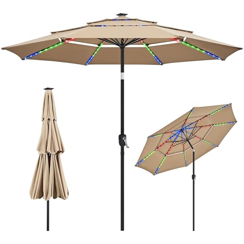 Yaheetech 10ft 3-Tier Solar Patio Umbrella, Outdoor Market Umbrella w/ 24 LED Lights, 8 Sturdy Ribs, Tilt Adjustment, Easy Crank for Garden, Deck, Tan - color: Tan