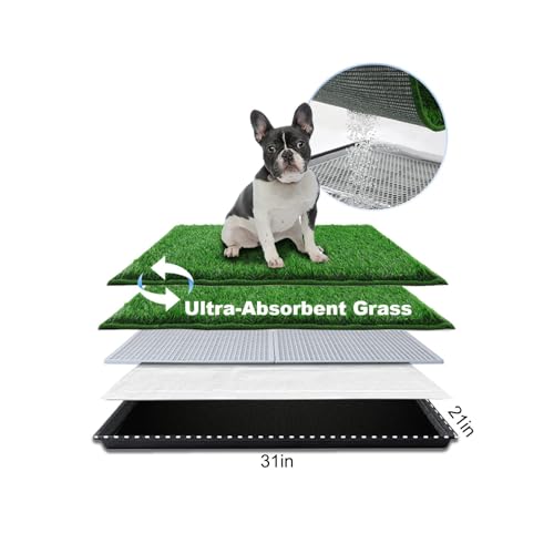 HQ4US 4LEGS Dog Grass Pad with Tray Medium 31”×21”, Dog Litter Box with Odor Free Artificial Grass Pee Pads for Dogs Potty Tray with Hemmed Edge, Realistic for Indoor Balcony - size: Medium for Dog＜ 26" Length