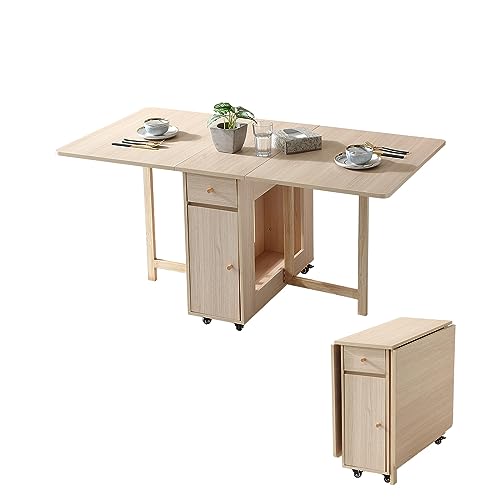 COMUHOME Extendable Drop Leaf Folding Dining Table with 2 Drawers and 4 Wheels for Living Room Kitchen Farmhouse Space Saving Table in Wood Color - color: Wood