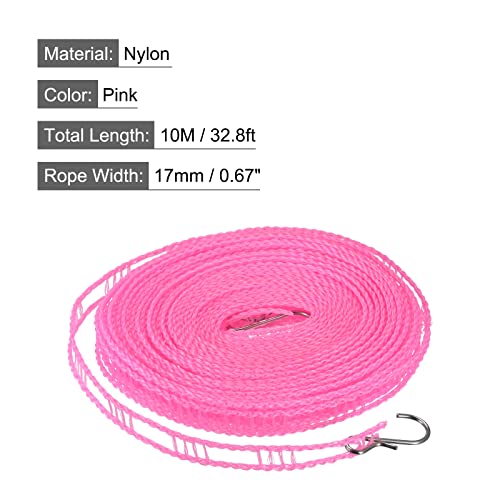 uxcell Portable Clothesline, 32.8ft Nylon Windproof Non-Slip Washing Line Rope for Courtyard Outdoor Travel Camping Laundry Drying, Pink - color: Pink, size: 32.8ft