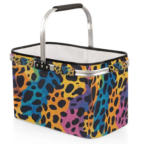 Colorful Leopard Print Picnic Basket Large Collapsible Market Baskets Portable Reuasble Shopping Bags with Handles for Camping Beach Travel - color: Orange