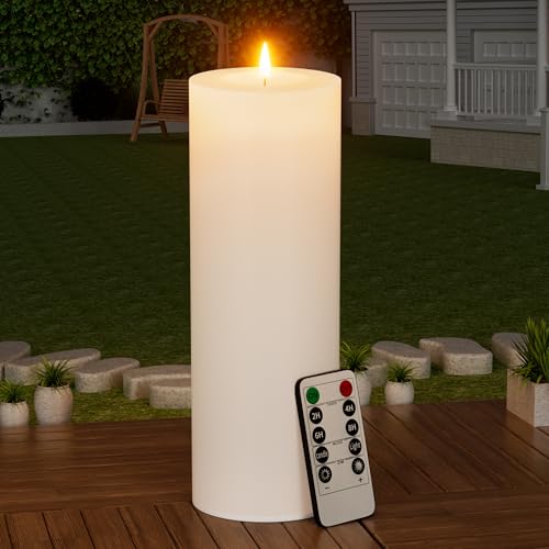 BUTHY 12" x 4" Large Outdoor Candle with Timer Waterproof Flickering LED Flameless Candle Battery Operated with Remote Fake Pillar Candle Realistic for Patio Porch Lantern, White 1 Pack - color: White, size: 12in-1Pack