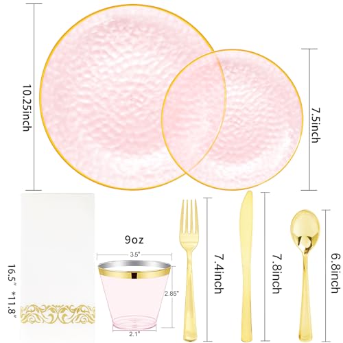 DaYammi 175 Pcs Pink Plastic Plates Dinnerware Set (25 Guests), Pink Disposable Plates, Hammered Party Platos Set Include Dinner Platos, Dessert Plates, Cups, Cutlery for Mother's Day Party - color: Clear Pink, size: 175 Pcs