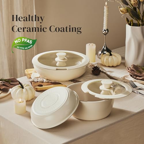 Redchef Ceramic Pots and Pans Set, Nonstick Kitchen Cookware Set with Detachable Handle, Non Toxic Cookware Set 16pcs, PFAS PFOA & PTFE Free, RV Ceramic Cookware for Camping, Dishwasher/Oven Safe - size: 16 Pcs Beige