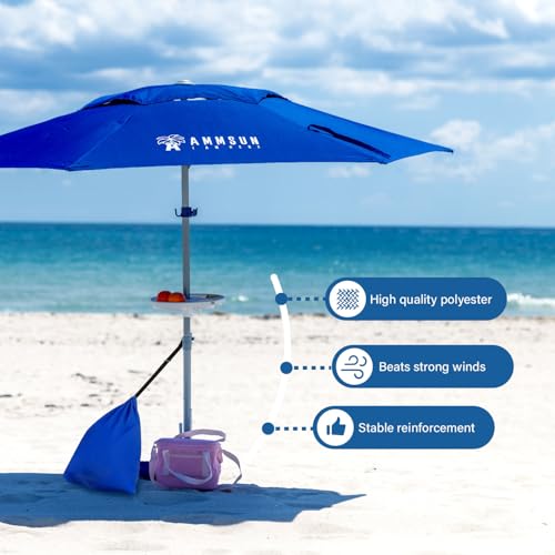 AMMSUN 8ft Large Beach Umbrellas for Sand Heavy Huty Wind Portable Commercial Grade Patio Beach Umbrella with Sand Anchor Adjustable Height Air Vent UPF 50+ Telescoping Pole without tilt Dark Blue - color: Dark Blue