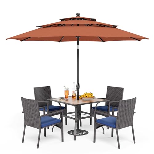 PHI VILLA 5 Piece Outdoor Dining Set with Umbrella for 4, 37" Square Metal Wood-top Table & Wicker Rattan Chairs with Cushions & 10ft Red Umbrella, Dining Furniture for Patio, Deck, Backyard, Porch - color: Red, size: 5PCS 37" Wood-top Table