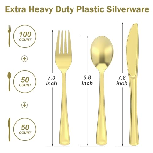 Dealusy 200 Count Heavy Duty Gold Plastic Silverware, 100 Forks, 50 Spoons, 50 Knives, BPA-Free, Heat Resistant, Disposable Plastic Utensils Set Cutlery Set, Plasticware Bulk - color: Gold