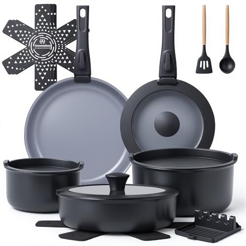 Ammeloo 18-Piece Ceramic Pots and Pans Set Non Stick, Non Toxic Cookware Set with Removable Handles, Pot Sets for Cooking, Induction Ready, Dishwasher & Oven Safe, PFAS PFOA & PTFE Free (Black) - color: Black