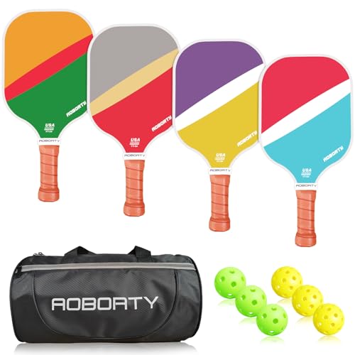AOBORTY Pickleball Paddles 4 Pack - USAPA Light Graphite Premium Rackets Fiber Face & Polymer Honeycomb Core Pickleball Set with 4 Outdoor Indoor Balls Including Portable Carry Bag - color: Four-color