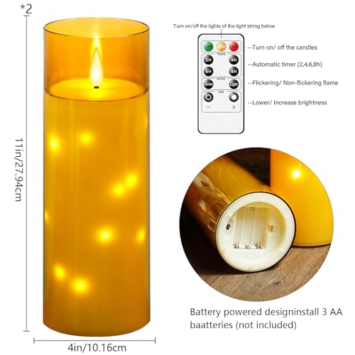kakoya 11" x 4" Large Outdoor Waterproof Flameless LED Candles with Remote and Timer,Acrylic Pillar Candles Battery Operated with Embedded Star String for Porch,Patio,Outdoor Decor,Set of 2(Gold) - color: Gold, size: 2PCS-D4"xH11"