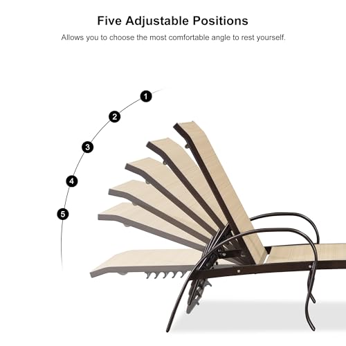 PURPLE LEAF Outdoor Chaise Lounge Chair Set of 3 Patio Pool Lounger Aluminum Chairs with Side Table Adjustable Tanning Recliner for Outside Yard Deck Lawn Garden Beach Light Khaki - color: Light Khaki, size: 2 Chairs & 1 Table