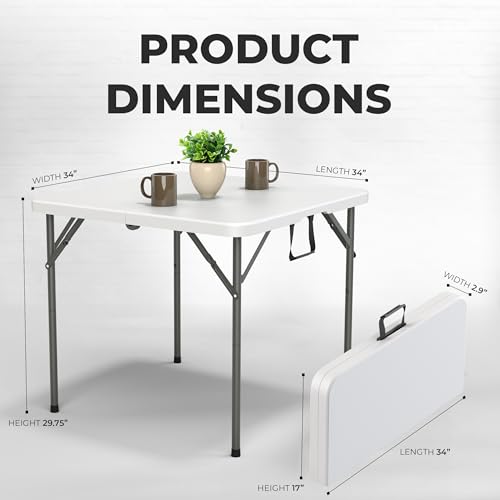 Our Modern Space 34" Square Foldable Table with Built in Handle & Steel Legs | Heavy Duty Portable | Perfect for Party, Dining, Wedding, Events, Picnic Indoor, Outdoor, Camping, Utility, Temporary - color: White, size: 3 FT - Square