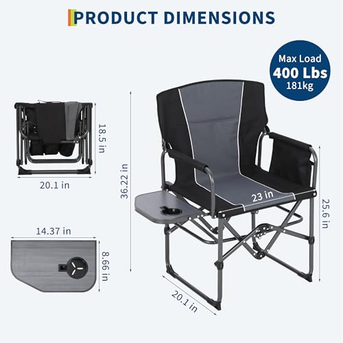 GarveeLife 2 Pack Oversized Directors Camping Chair, Portable Folding Chair for Adults Support 400 lbs, Heavy Duty Lawn Chair with Side Table, for Camping, Sports, Picnic, Beach, Fishing, Black - color: Black, style: 2 PCS