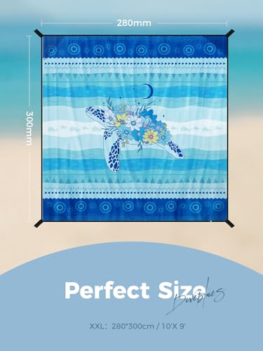Diveblues Beach Blanket Oversized Extra Large 110" * 118"/ 9 * 10 Ft,Beach Mat Waterproof Sandproof,Soft and Durable, Picnic Mat for Travel Camping, Beach Vacation,4 Stakes & 1 Travel Bag - color: Dream Turtle