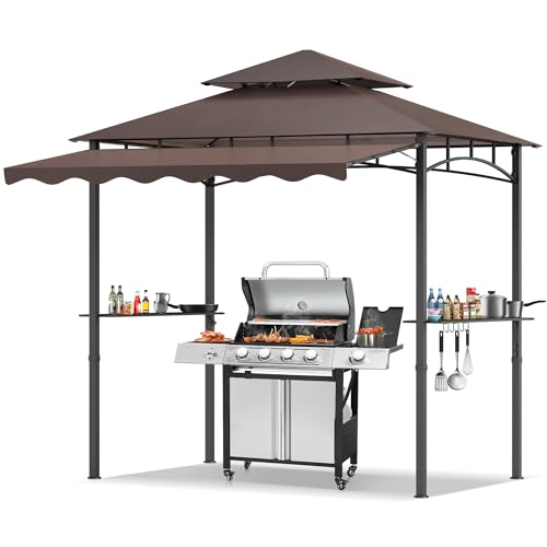 TITIMO 8'x 8' x 7.8' Double Tiered Grill Gazebo with Side Awning,Outdoor Patio BBQ Pergola, Heavy-Duty Metal Frame Canopy Tent with Side Shelves,Hooks,Bottle Opener for Lawn Deck and Garden (Brown) - color: Brown