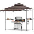 TITIMO 8'x 8' x 7.8' Double Tiered Grill Gazebo with Side Awning,Outdoor Patio BBQ Pergola, Heavy-Duty Metal Frame Canopy Tent with Side Shelves,Hooks,Bottle Opener for Lawn Deck and Garden (Brown) - color: Brown