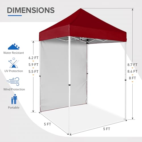 EAGLE PEAK Pop up Canopy 5x5, Outdoor Portable Canopy Tent with One Removable Sunwall, Carry Bag Included, Burgundy - color: Burgundy