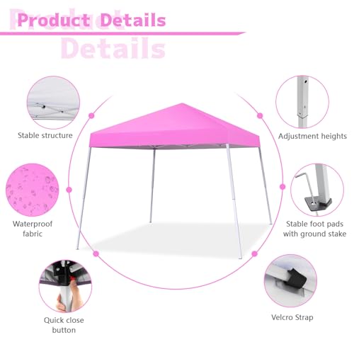 Canopy Tent, 10X10 FT Pop Up Canopy Outdoor Instant Tent Slant Legs with Carrying Bag, Portable Gazebo Shelter for Patio Deck Garden and Beach - 8X8 FT Canopy Cover (Pink) - color: Pink