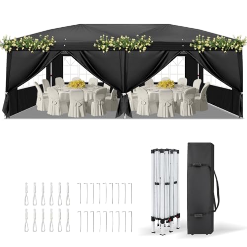 VINGLI 10x20 ft Pop Up Canopy Tent with 6 Sidewalls with Carry Bag, Outdoor Canopy Patio Event Tent Commercial Canopy(Black) - color: Black