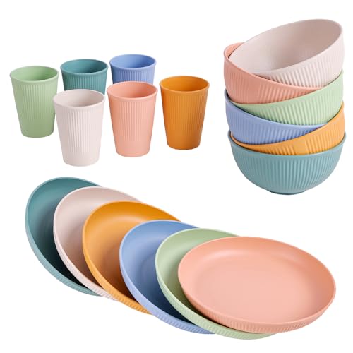 18pcs Wheat Straw Dinnerware Sets, HXYPN Unbreakable Reusable Dinnerware Set Kitchen Cups Plates and Bowls Sets Dishwasher Microwave Safe Plates