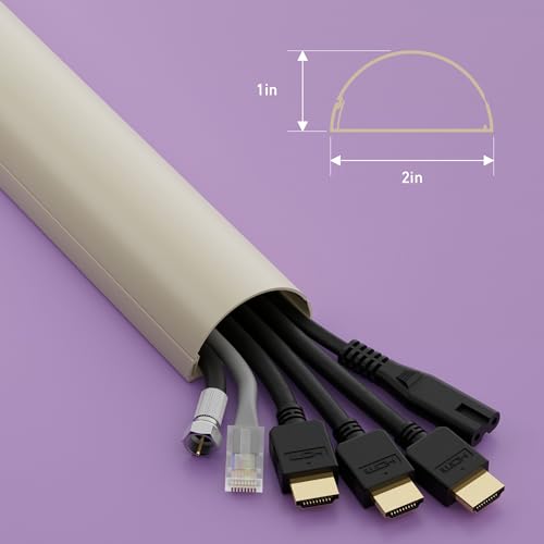 D-Line TV Wire Hider, Half Round Cord Cover for Wall Mount TV, Hinged One-Piece Raceway, Paintable, Self-Adhesive Cable Management - 2" (W) x 1" (H) x 18" Length - Beige - color: Beige