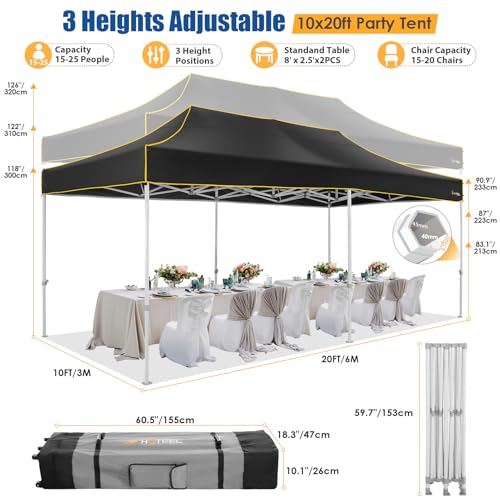 HOTEEL 10x20 Heavy Duty Pop up Canopy Tent with 6 Sidewalls, Easy Setup Outdoor Commercial Instant Tent for Parties Wedding Event, with Roller Bag & Sand Bags, Black(Hexagonal Frame) - color: Black, size: 10x20ft (+6 Walls)