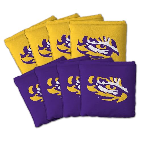 YouTheFan Officially-Licensed NCAA Set of 8 Cornhole Bags - All Weather Dual Sided Slide & Stop - Regulation Size with Carry case - color: LSU Tigers