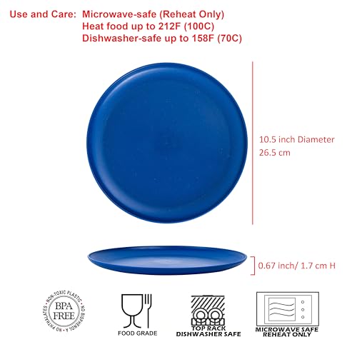10.5 inch Wheat Straw Dinner Plates Plastic Plates Reusable, set of 12 Multicolor Microwave and Dishwasher Safe BPA Free Eco Friendly