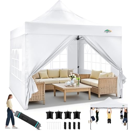 COBIZI 10x10 Heavy Duty Pop Up Canopy Tent with 4 Sidewalls Thicken Frame, Commercial Easy Up Outdoor Wedding Party Tents, All Season Waterproof Windproof with Stakes Sandbags Ropes Roller Bag, White - color: White, size: 10x10