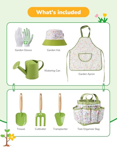 Kids Gardening Set Toys, Quality Garden Tool Kit for Kids and Toddlers, Includes Two Shovels, Garden hat,Rake, Apron,Gloves, Watering Can, and Tool Bag (Green) - color: A-green