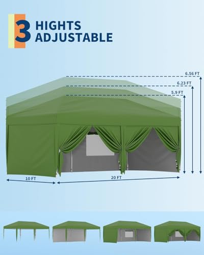 10X20 Pop Up Canopy Tent with 6 Sidewalls – Heavy Duty Commercial Instant Shelter, One-Person Quick Setup Outdoor Party Tent, Water-Resistant & Portable, Green - color: Green