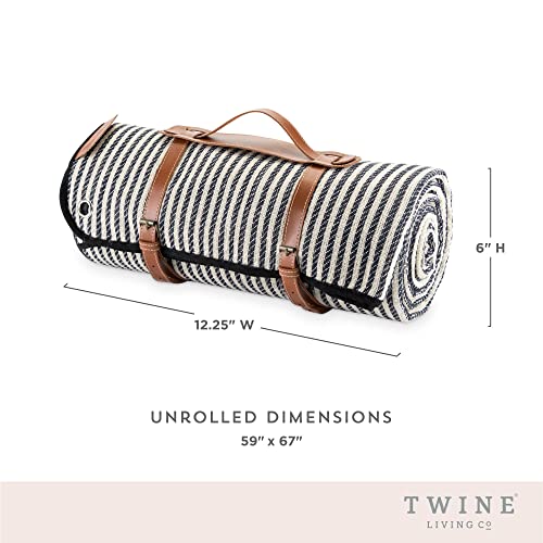 Twine Picnic Blanket - Waterproof Outdoor Blanket with Leather Carrying Straps and Picnic Stakes - Navy/White Striped 6pc Set of 1 - style: Picnic Blanket