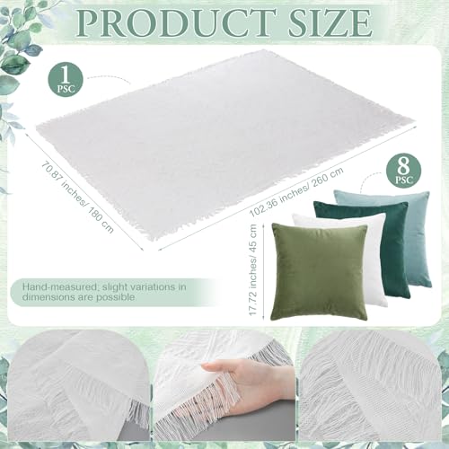 Moukeren 10 Pcs 71''x102'' Extra Large White Outdoor Boho Picnic Blanket with Green Table Runner 8 Throw Pillow Cover Oversized Washable Portable Beach Blanket for Valentine Picnic Camp Lawn Wedding - color: Green