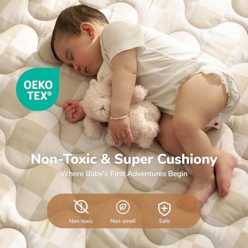 Momcozy Baby Play Mat for Floor, 50"x50" Thickened Playpen Mat, Playmate for Baby Tummy Time, Waterproof & Non-Slip, Foldable Outdoor Mat with Carrying Handle, Khaki Plaid - color: Khaki Plaid