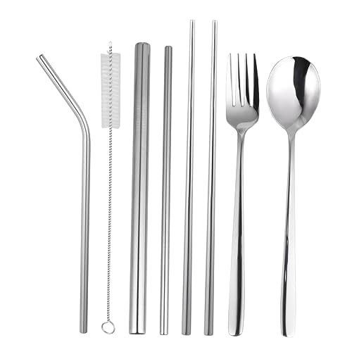 8pcs Portable Stainless Steel Tableware Set Food Grade Cutlery with Spoon Fork Chopsticks and Straws Outdoor Dining and Picnics Includes Black Carrying Bag