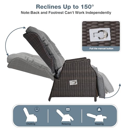 Outdoor Indoor Wicker Recliner with Adjustable Back and Footrest, Patio Reclining Chair with Flip-up Table, Outdoor Rattan Lounge Chair, Grey - color: Grey, size: 1PCS