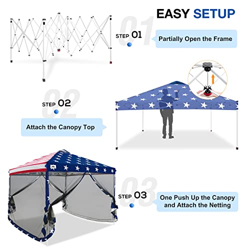 EAGLE PEAK 10x10 Outdoor Easy Pop up Canopy with Netting, Instant Screen Party Tent with Mesh Side Walls, American Flag - color: American Flag