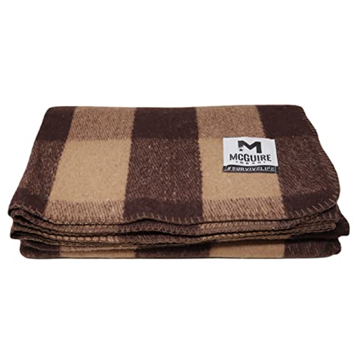 M MCGUIRE GEAR Warm Wool Bunkhouse Plaid Blanket for Camping, Home, Survival, or First Aid, 64" x 90" (Light Brown/Brown) - color: Light Brown/Brown
