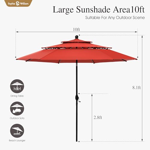 Sophia & William 10ft 3 Tier Auto-tilt Patio Umbrella,Wind Resistent,Outdoor Patio Umbrellas Double Vented Umbrella with Crank for Pool Garden Backyard, Red - color: Orange Red