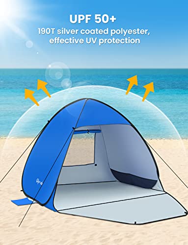 Glymnis Pop Up Beach Tent Beach Shade Tent for 1-4 Persons Sun Shelter UPF 50+ Enclose Zipper Door Portable Easy Up Beach Tent - style: Blue for 3-4 Person