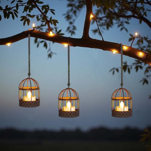 Solar-Hanging-Lanterns-Outdoor-Waterproof, Rust Birdcage Style Candle Holders with Flickering Solar Tea Lights for Backyard Patio Garden Fence Tree Decoration (3)