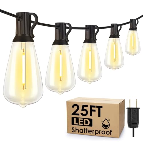 Larkvue 25FT Outdoor String Lights, Patio Lights with 10+1 LED Dimmable Waterproof Shatterproof ST38 Retro Edison 2700K Bulbs for Balcony Yard, Black - color: Black, size: 25FT