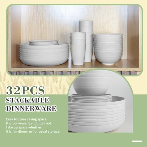 Wrova 32-piece Kitchen Alternative Plastic Wheat Straw Dinnerware Sets,Unbreakbale Dishwasher Safe Kitchen Bowls and Plates Sets with Cups,Modern Apartment Essential Dishes Set for 8.White Series - color: White, size: 32 Pack